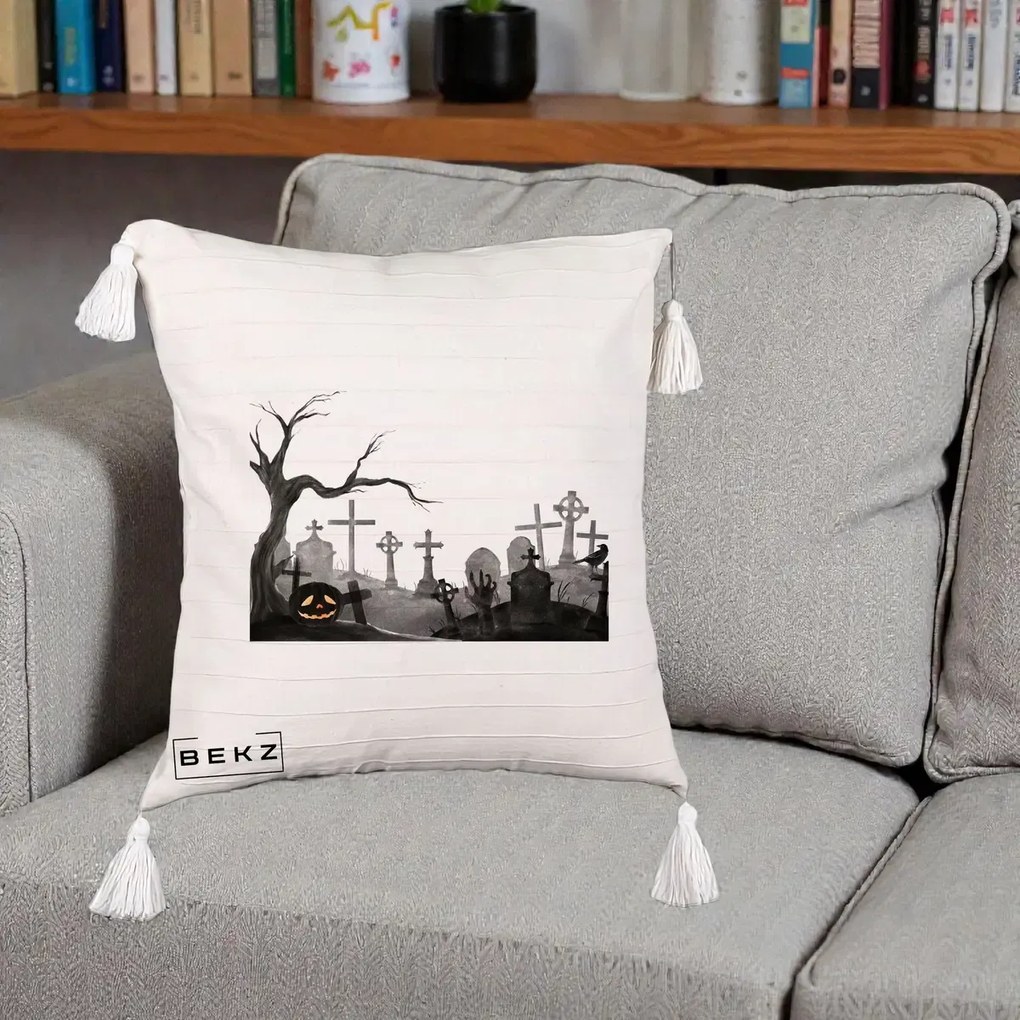 Perna Decorativa Halloween Cimitir Acuarela cu Dovleac, 40x40 cm, Bej cu Franjuri, Husa Detasabila, Perna Inclusa, BEKZ®