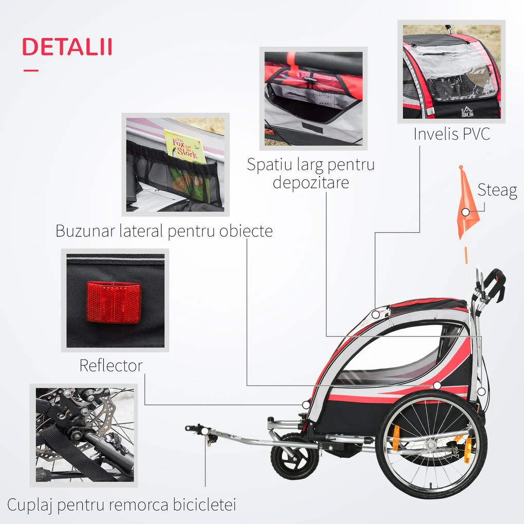 HOMCOM Remorca Bicicleta 2 in 1 pentru Copii cu Centura 5 Puncte si Accesorii Siguranta, Rosu | Aosom Romania