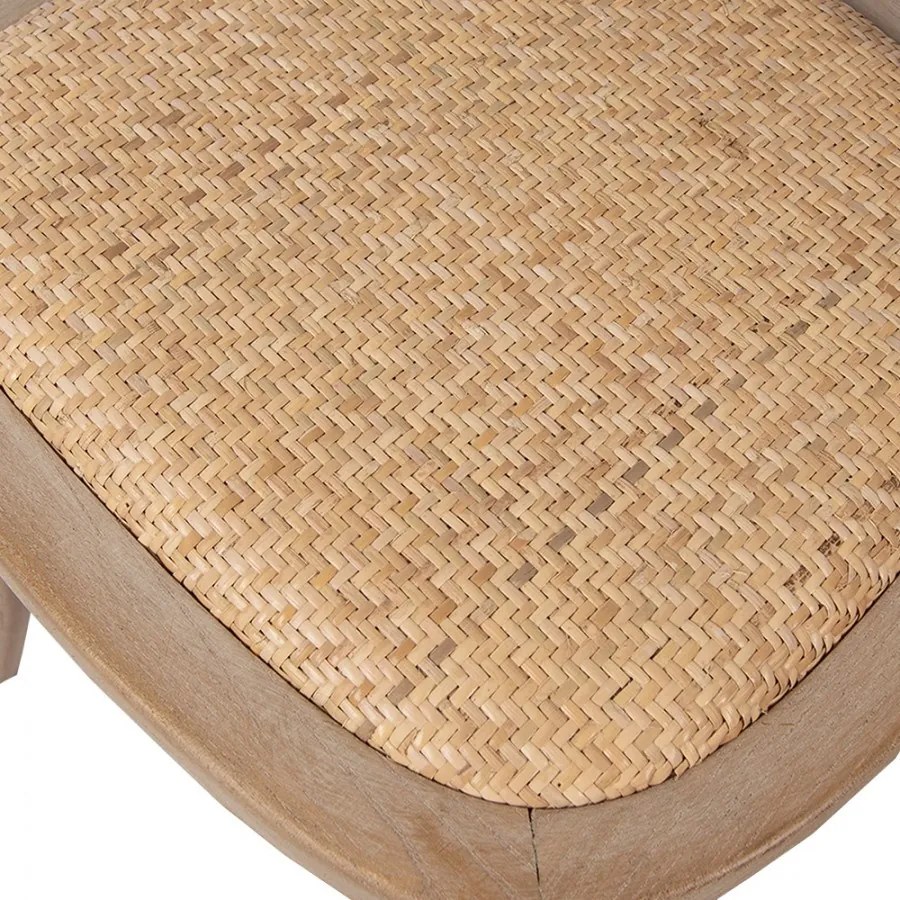 Scaun dining din lemn masiv și răchită, maro, cu spătar în X prins în șuruburi și șezut împletit, finisaj natur, 88 x 42 x 44 cm, „Odile”