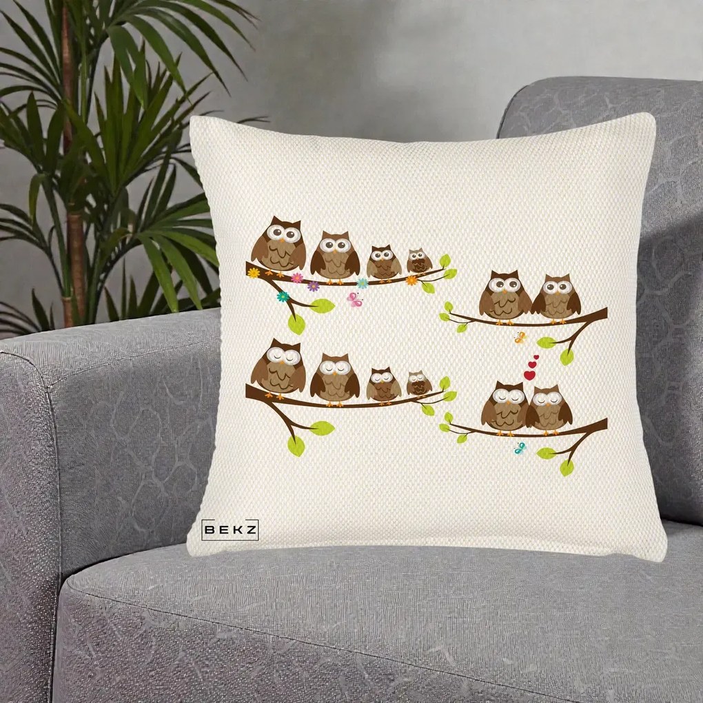 Perna Decorativa Familie de Bufnite pe Ramuri, 40x40 cm, Crem Reliefat, Husa Detasabila, Perna Inclusa, BEKZ®