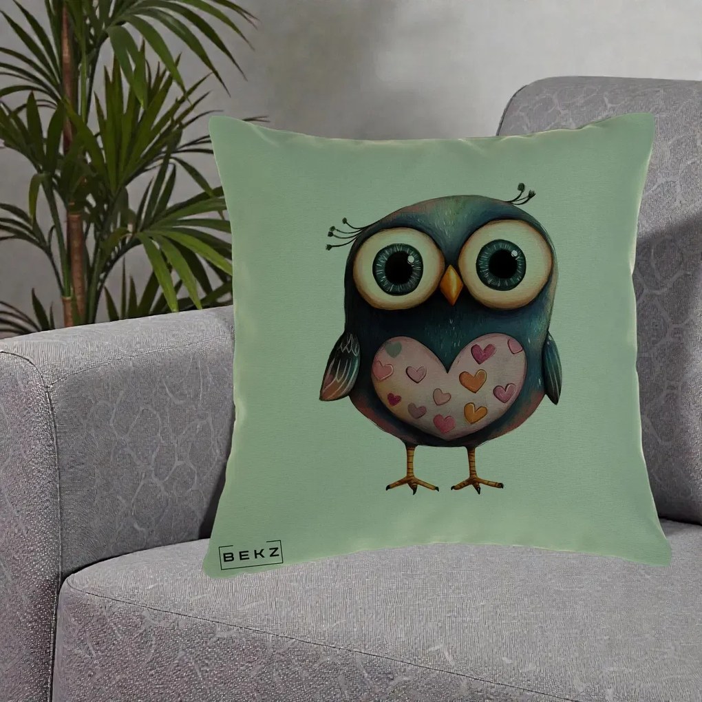 Perna Decorativa Bufnita cu Inimioare Roz, 40x40 cm, Verde, Husa Detasabila, Perna Inclusa, BEKZ®