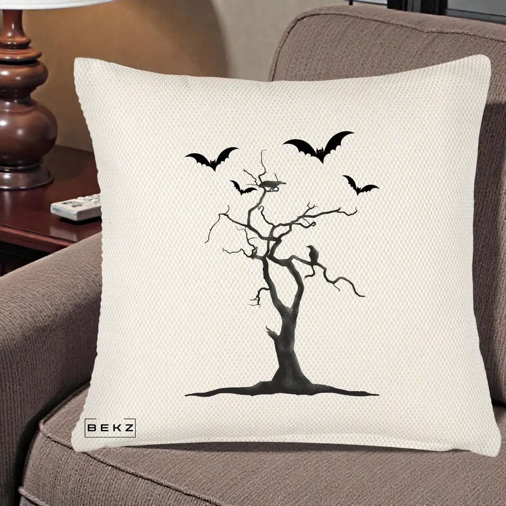 Perna Decorativa Halloween Copac cu Lilieci Alb-Negru, 40x40 cm, Crem Reliefat, Husa Detasabila, Perna Inclusa, BEKZ®