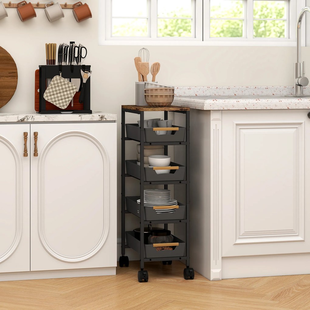 HOMCOM Carucior de Bucătărie de 5 Nivele Carucior Auxiliar cu Roți Tablou Efect Lemn Sertare Extrase 39,5x24x82 cm Negru | Aosom Romania