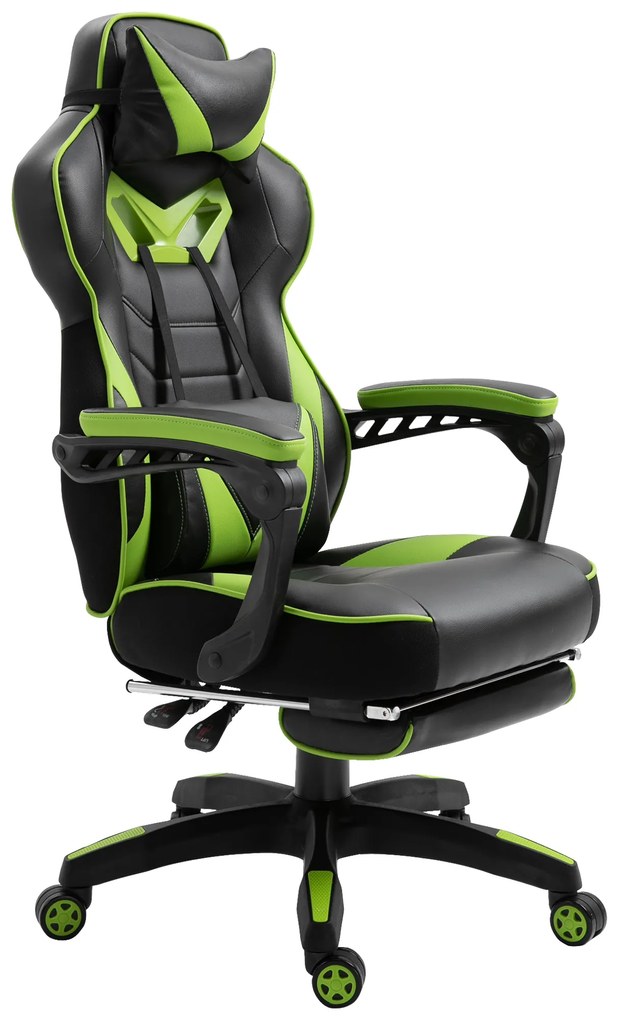 Vinsetto Scaun gaming ergonomic cu suport picioare, cap și lombar, fotoliu de birou confortabil, înălțime reglabilă, negru/verde | Aosom Romania