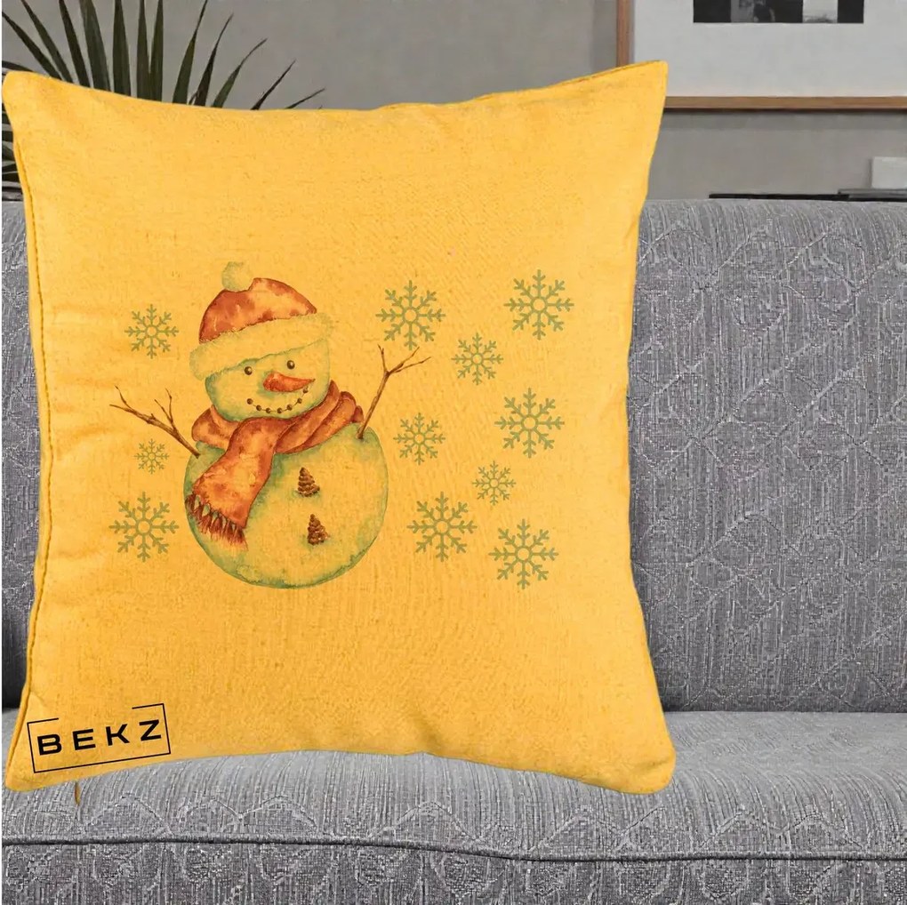 Perna Decorativa Om de Zapada Rosu cu Fulgi, 40x40 cm, Galben, Husa Detasabila, Perna Inclusa, BEKZ®