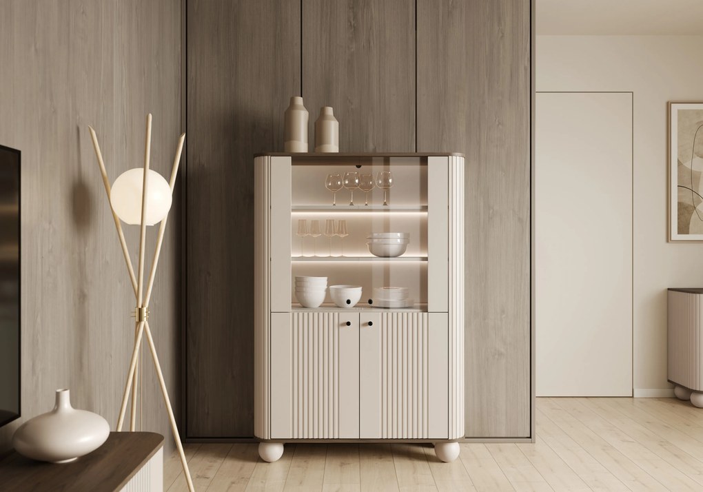 Vitrină Vesper 103 cm cu 4 uși - cașmir / nuc / mânere negre / picioare sferice