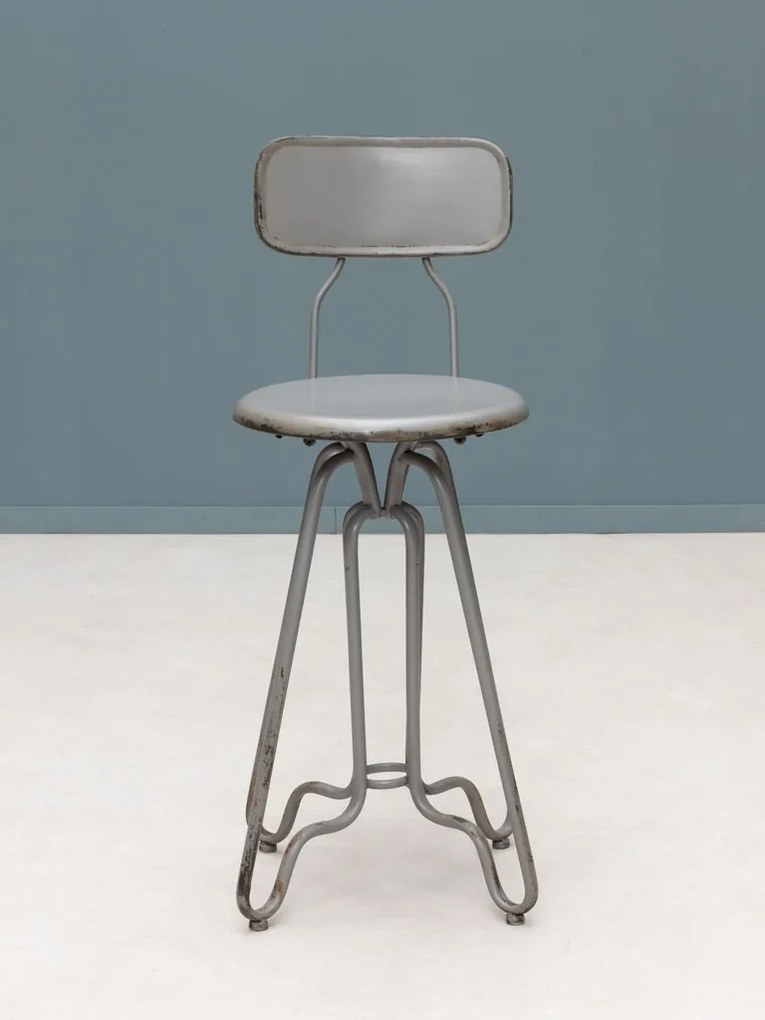 Scaun de bar cu spătar pentru insulă, în stil industrial, din metal, gri, picioare curbate, finisaj antichizat, 88 x 35 x 41 cm, „Valéry”