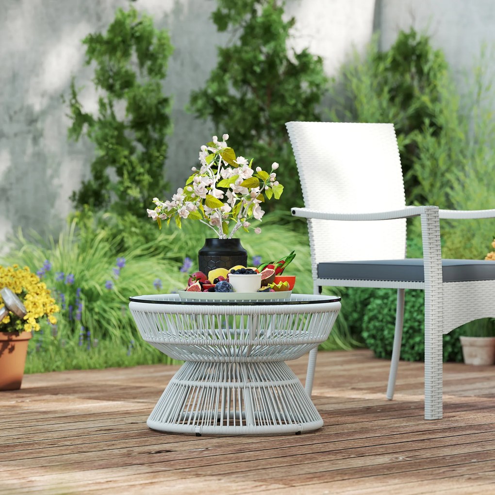 Outsunny Masă de cafea de grădină rotundă, masă auxiliară din rattan și blat de sticlă temperată Ø 60 x 37H cm | Aosom Romania