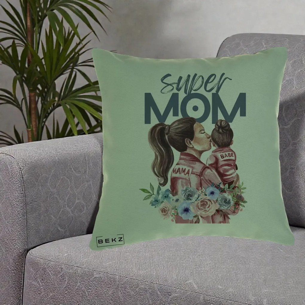 Cadou pentru Mama - Perna Personalizata Super Mom Mama cu Bebelusul, 40x40 cm, Verde, Husa Detasabila, Perna Inclusa, BEKZ®