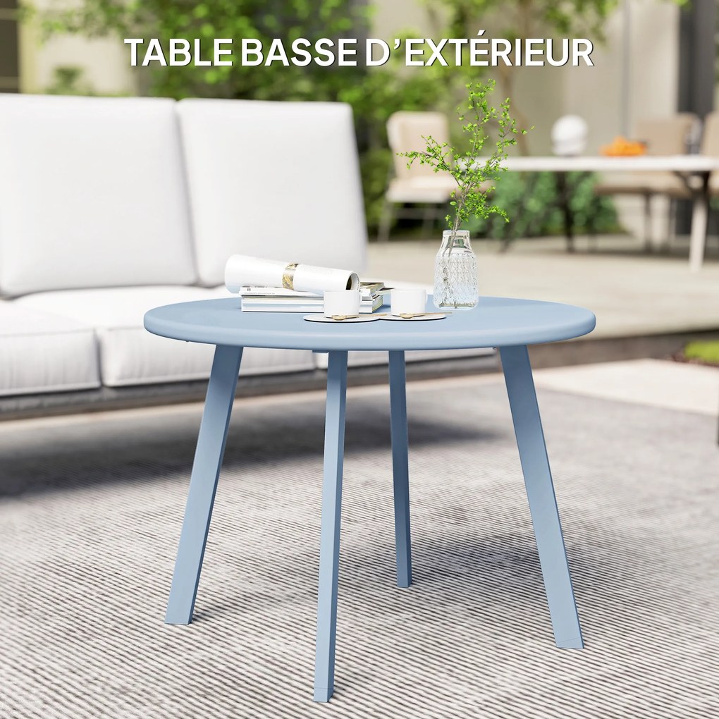 Outsunny Masă de cafea rotundă mică, masă de serviciu cu piciorușe antiderapante, cadru din metal, pentru grădină, Ø 70 x 42 cm, albastru | Aosom Romania