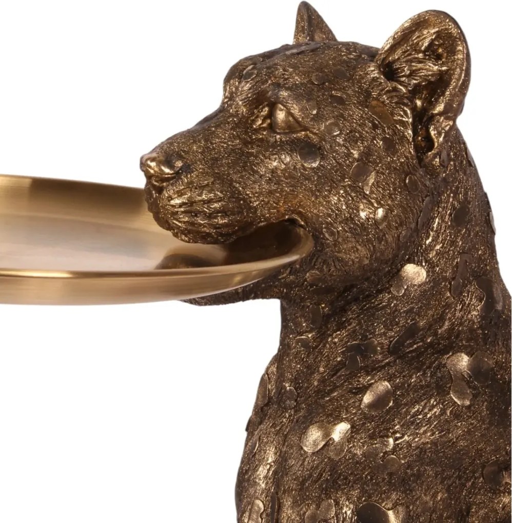 Statuetă decorativă din polirășină, auriu, leopard așezat cu tavă rotundă, finisaj antichizat, 62 x 56,5 x 36,5 cm, „Onyx”