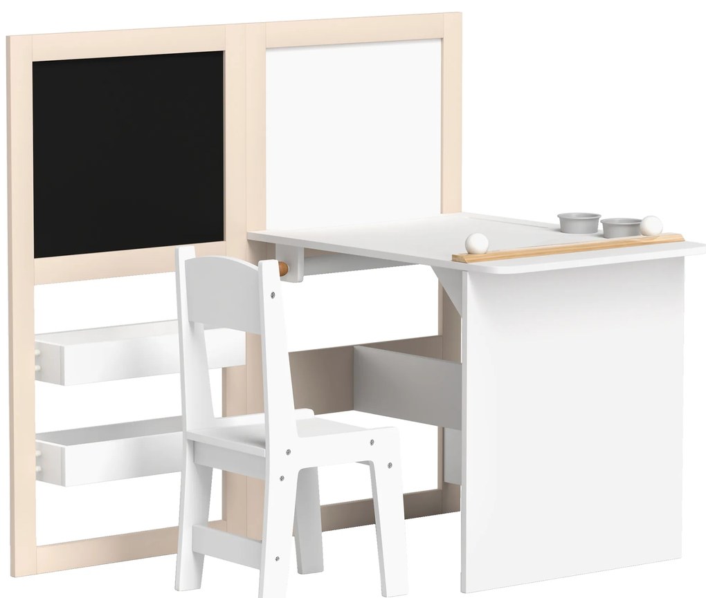 AIYAPLAY Masă copii cu scaun 3 în 1 cu chevalet pliabil rafturi de depozitare, roleu de hârtie - 3 până la 8 ani, alb | Aosom Romania
