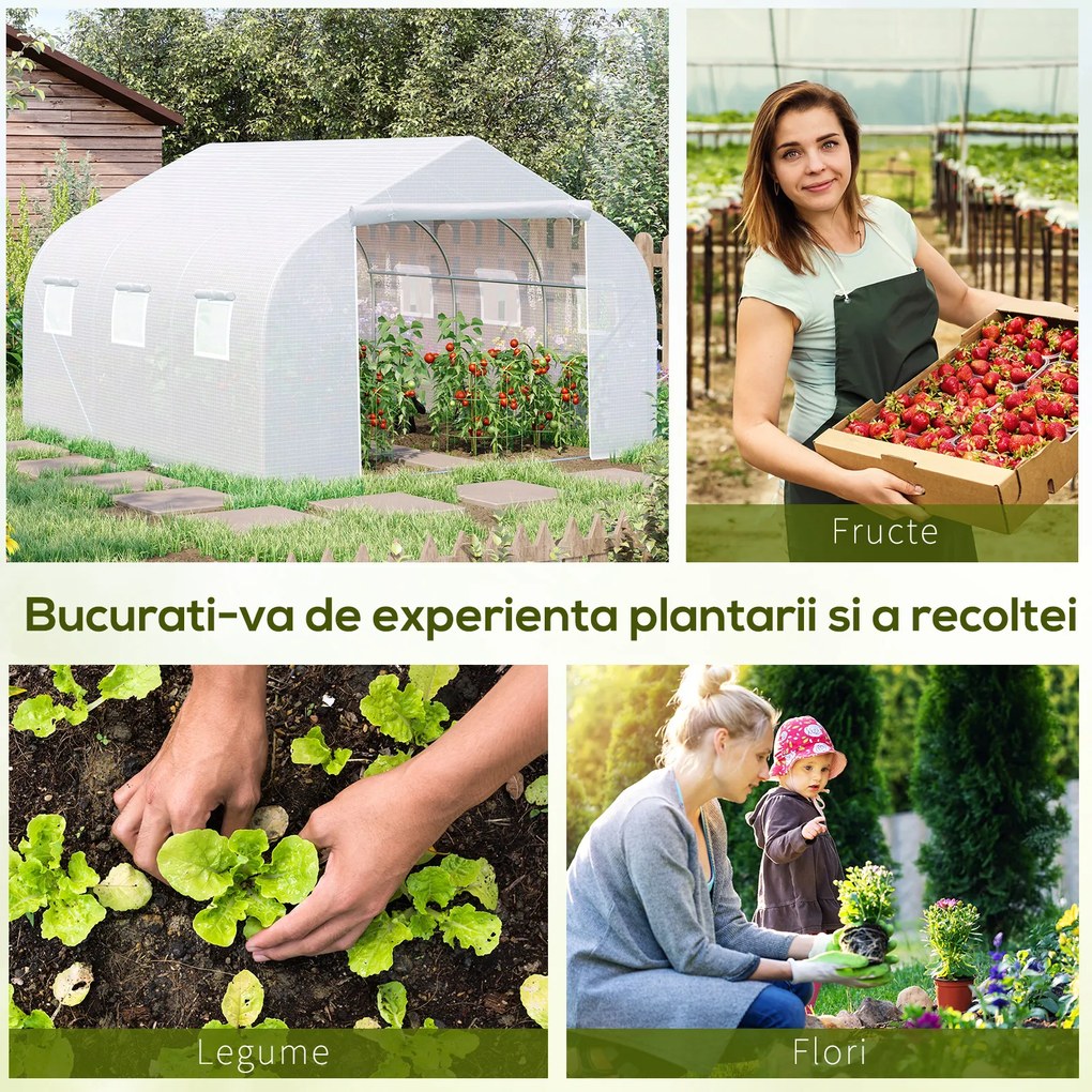 Outsunny Tunel Grădină De Legume Cu Seră Cu 6 Ferestre Și Ușă Rulantă, 4.5x3m, Alb | Aosom Romania