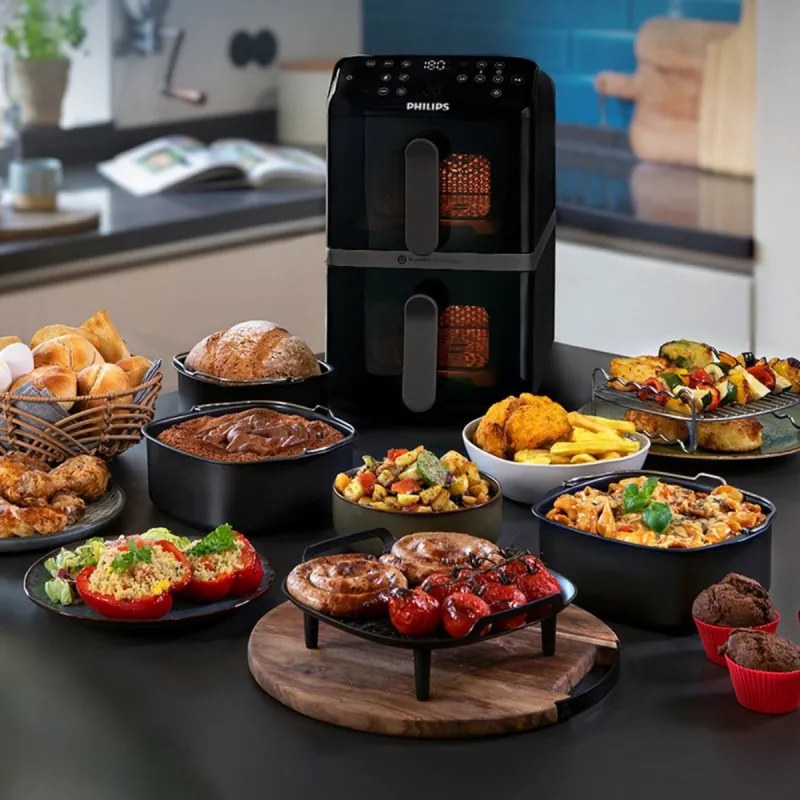 Friteuza verticala dubla cu aer cald Philips Dual Stack 4000 NA460/00, 2750 W, 10 l, 13 programe, 40-220°C, Sincronizare, Acoperire ceramică fara PFAS, Fereastra, Negru