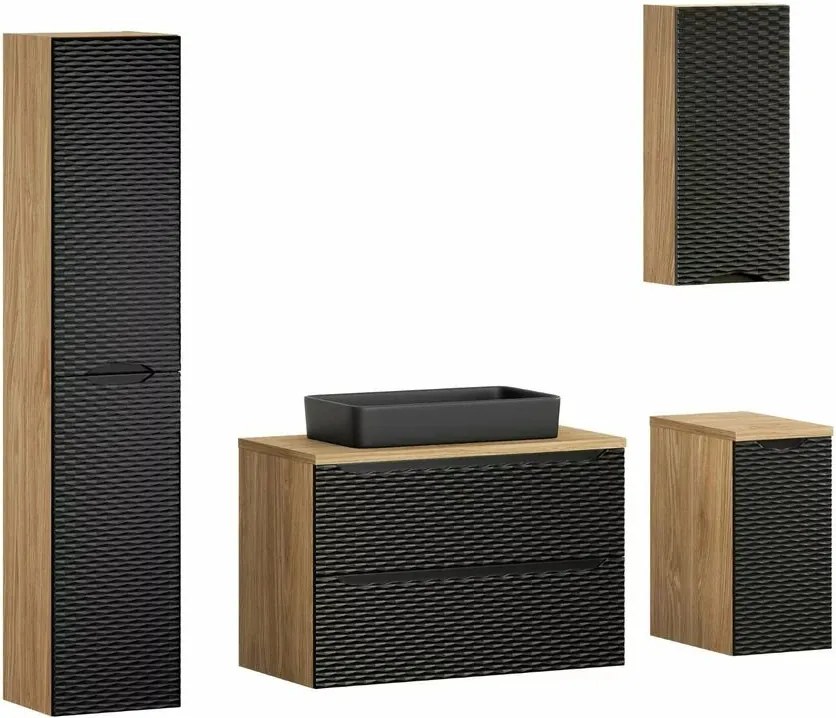 Set mobilier baie 90 cm 7 piese Comad Ocean stejar uleiat si negru mat