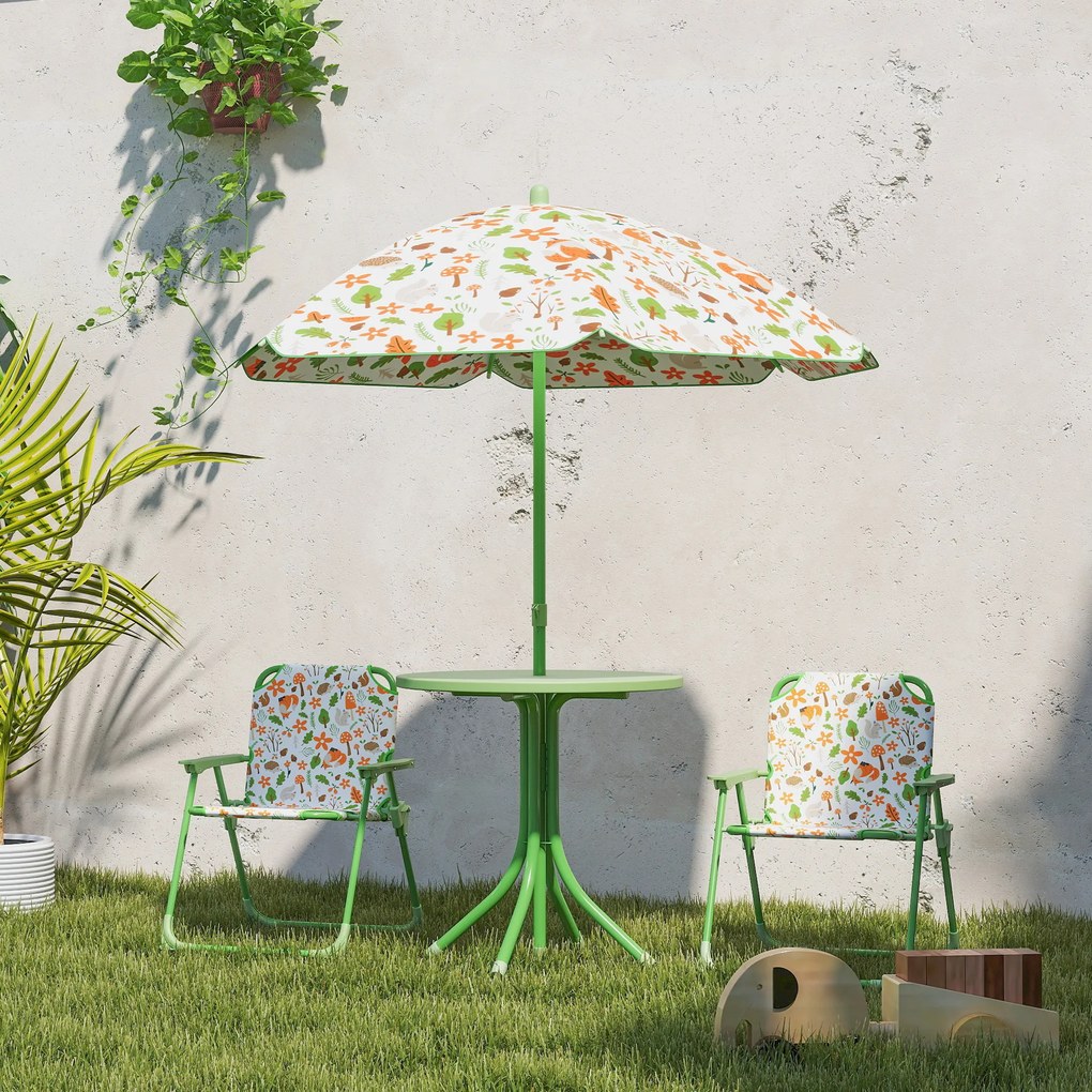 AIYAPLAY Set de Mobilier de Grădină din 4 Piese cu Masă, Scaune și Umbrelă de Soare Reglabilă, 50xΦ49,5 cm, Verde | Aosom Romania