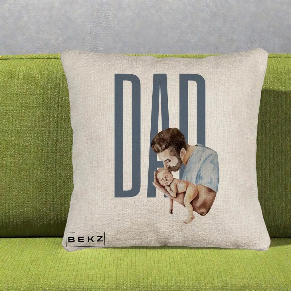 Cadou pentru Tata - Perna Personalizata DAD Tata si Nou-Nascut, 40x40 cm, Bej Canapea, Husa Detasabila, Perna Inclusa, BEKZ®