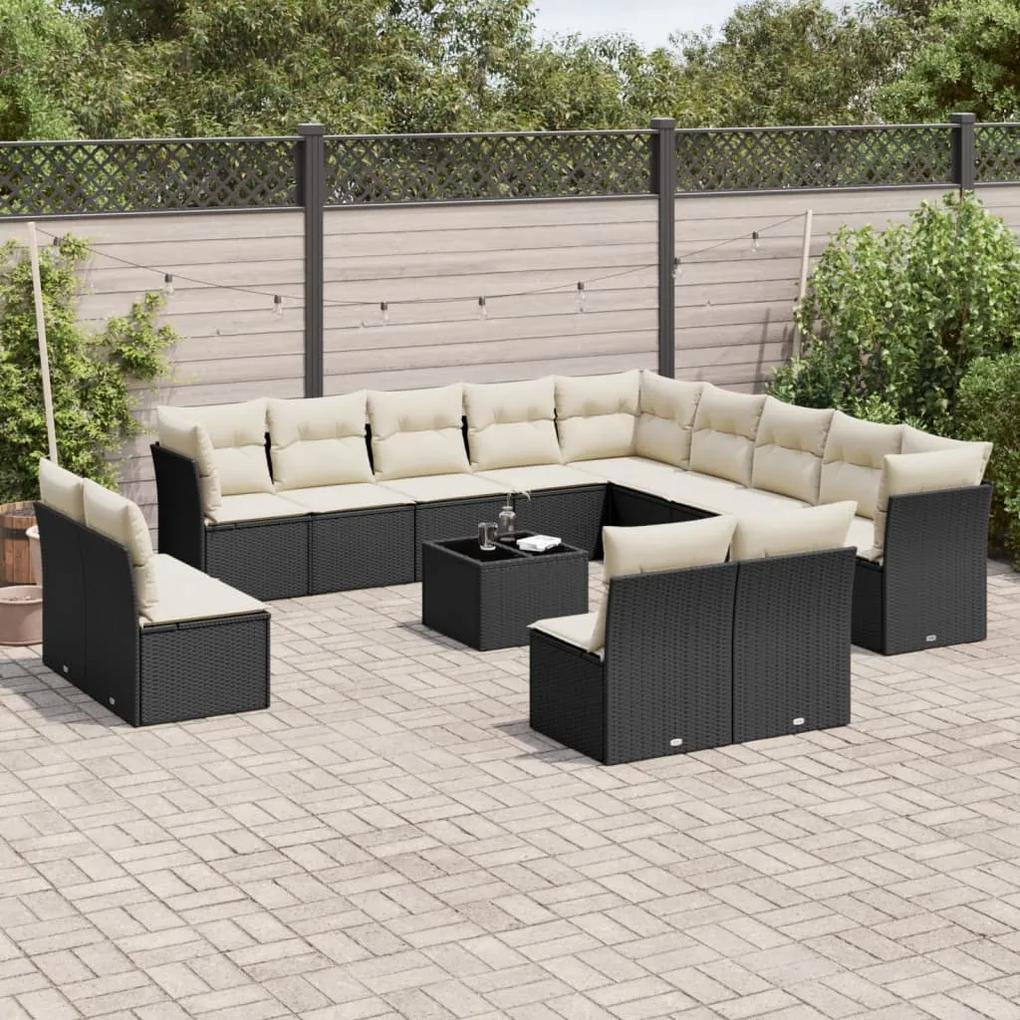 3250335 vidaXL Set mobilier de grădină cu perne, 14 piese, negru, poliratan