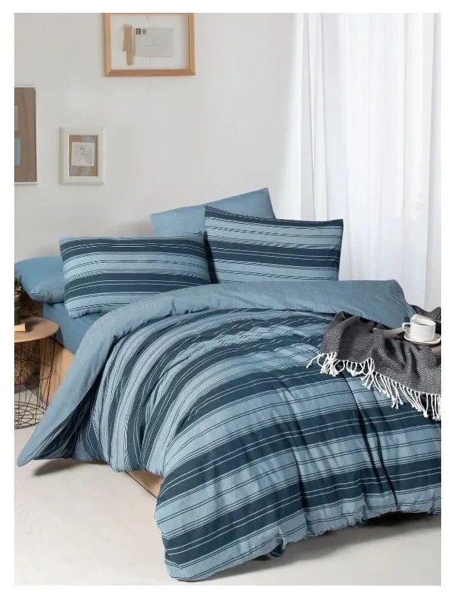 Lenjerie de pat albastră pentru pat dublu/canapea extinsă cu cearceaf inclus/cu 4 piese 200x220 cm Stripes – Mila Home