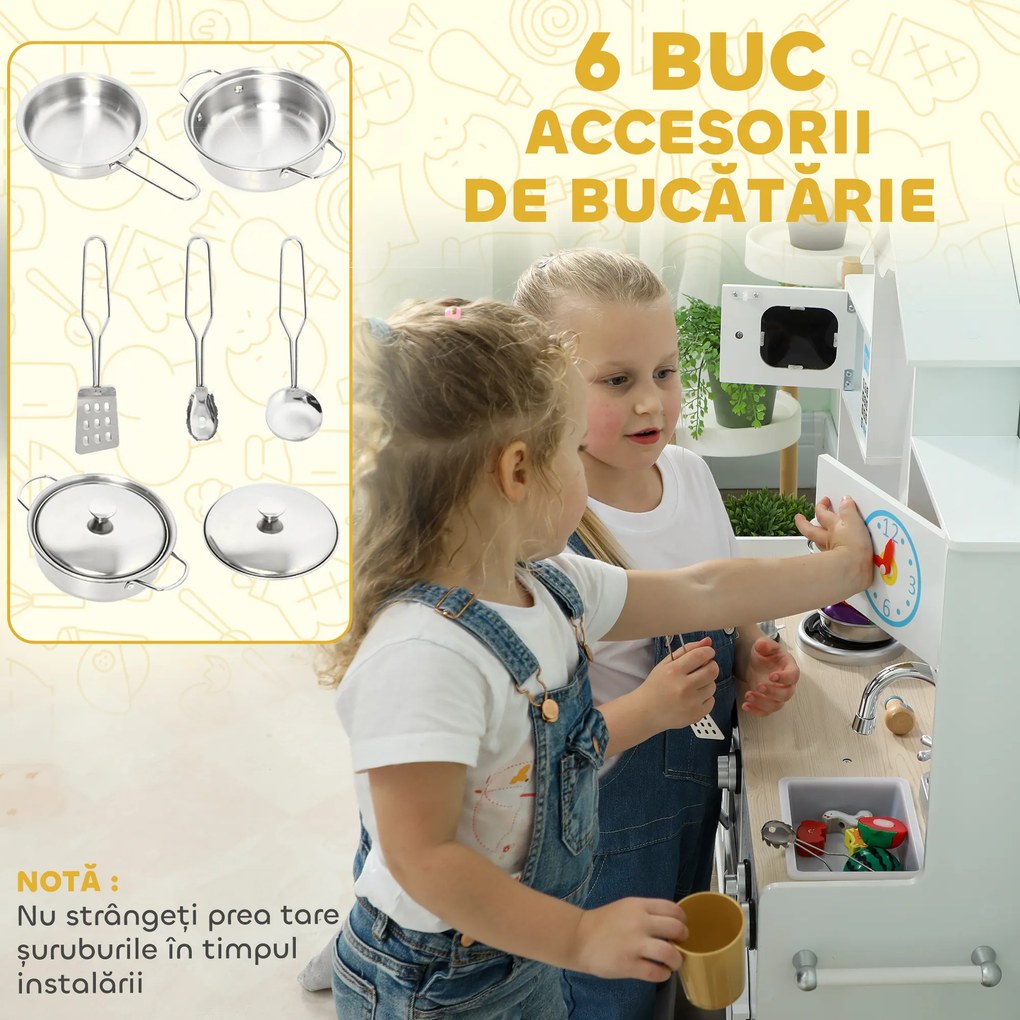 AIYAPLAY Bucătărie de Jucărie pentru Copii 3-6 Ani din Lemn cu Set de Accesorii, Chiuvetă și Butoane cu Sunete, Alb | Aosom Romania