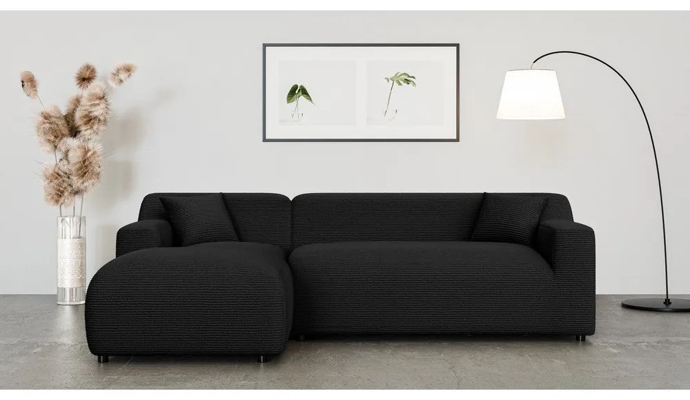 Colțar negru cu tapițerie din catifea reiată (cu colț pe partea stângă, cu șezlong) Martin – Ropez