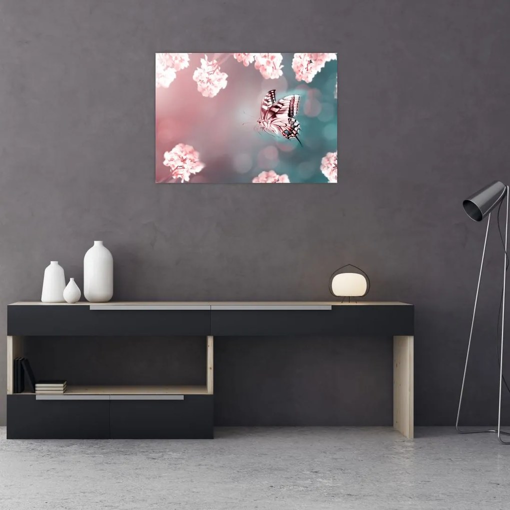 Tablou pe sticlă - Fluture între flori (70x50 cm)