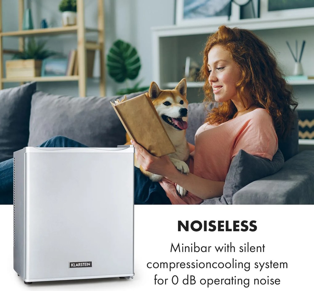 Klarstein Happy Hour 23, minibar, 23 l, 5 - 15 °C, clasa energetică G, silențios, 23 dB, lumină LED, argintiu