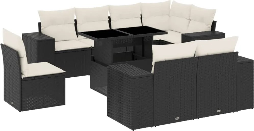vidaXL Set mobilier de grădină cu perne, 9 piese, negru, poliratan