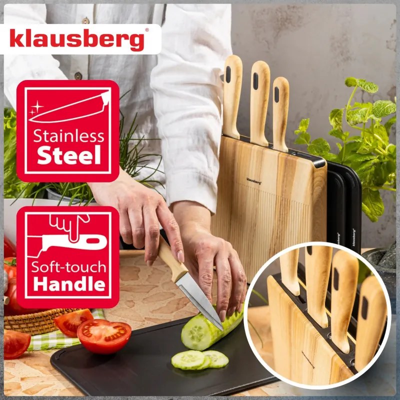 Set de cuțite și tăvi de tăiat Klausberg KB 9037, 8 piese, oțel inoxidabil, suport, maro/negru