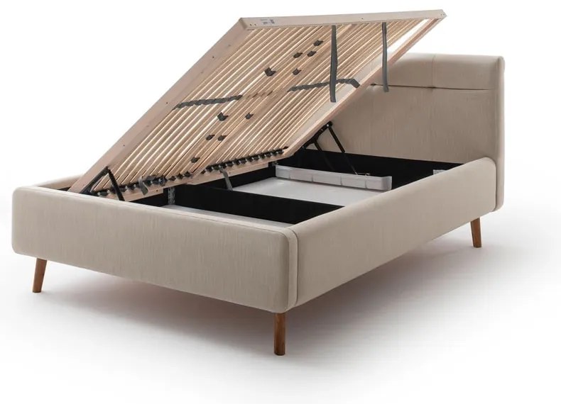 Pat matrimonial bej tapițat cu spațiu de depozitare cu somieră 140x200 cm Lotte – Meise Möbel