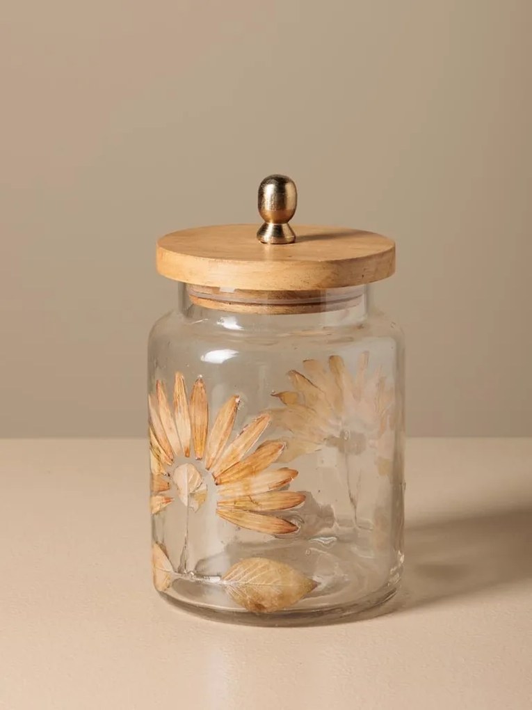 Borcan din sticla, cu capac din lemn de mango, design petale presate, H14cm, Aster