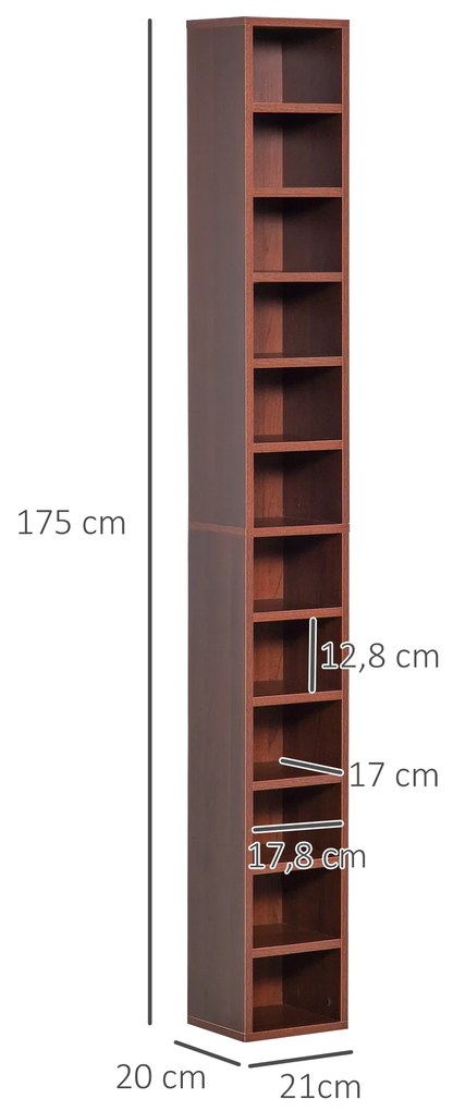 Biblioteca tip coloana cu 12 etajere, din MDF, sustine maxim 15kg 21x20x175cm, maro HOMCOM | Aosom RO