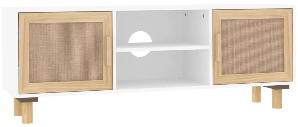 345615 vidaXL Comodă TV, alb, 105x30x40 cm lemn masiv pin și ratan natural