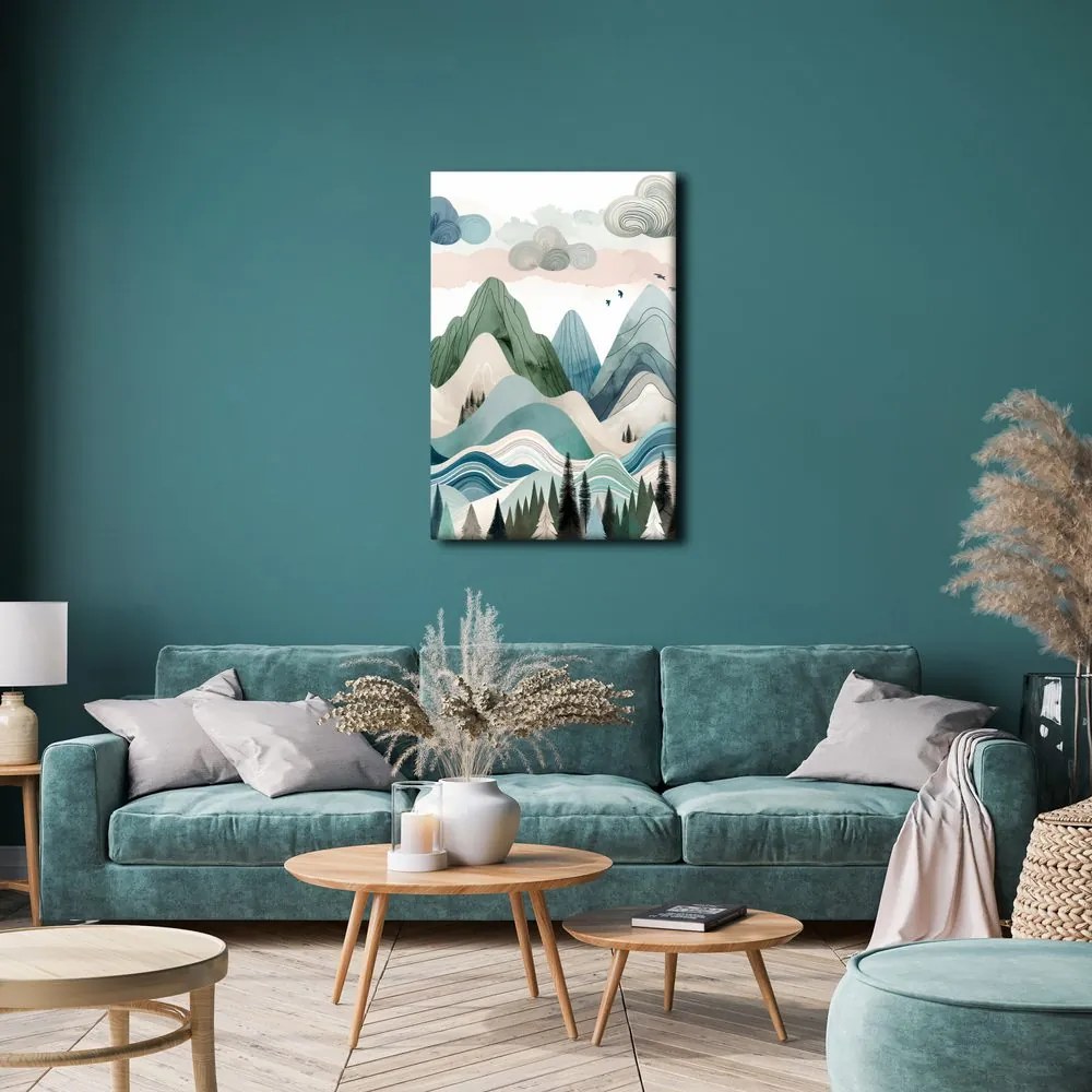 Tablou munți pastel și pădure întunecată