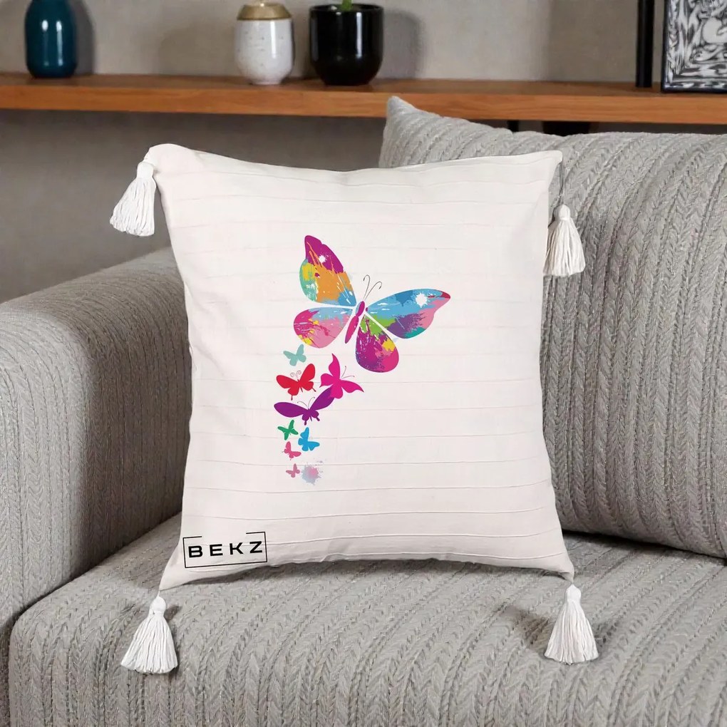 Perna Decorativa Fluturi Splash, 40x40 cm, Bej cu Franjuri, Husa Detasabila, Perna Inclusa, BEKZ®