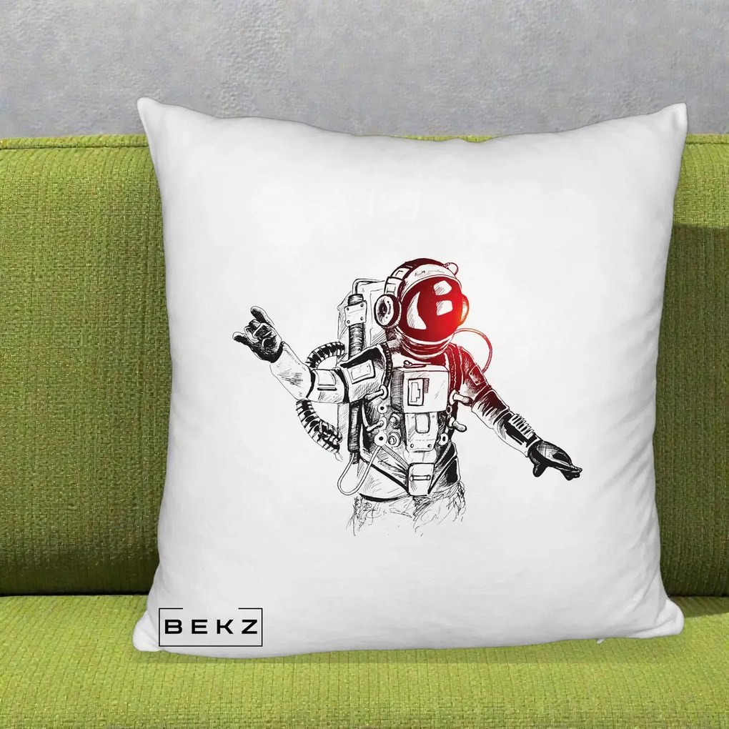 Perna Decorativa Astronaut Rock Sketching, 40x40 cm, Alb Pufos, Husa Detasabila, Perna Inclusa, BEKZ®
