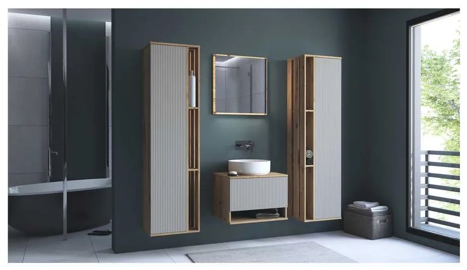 Dulap suspendat pentru baie Pulcro, crem / stejar artisan