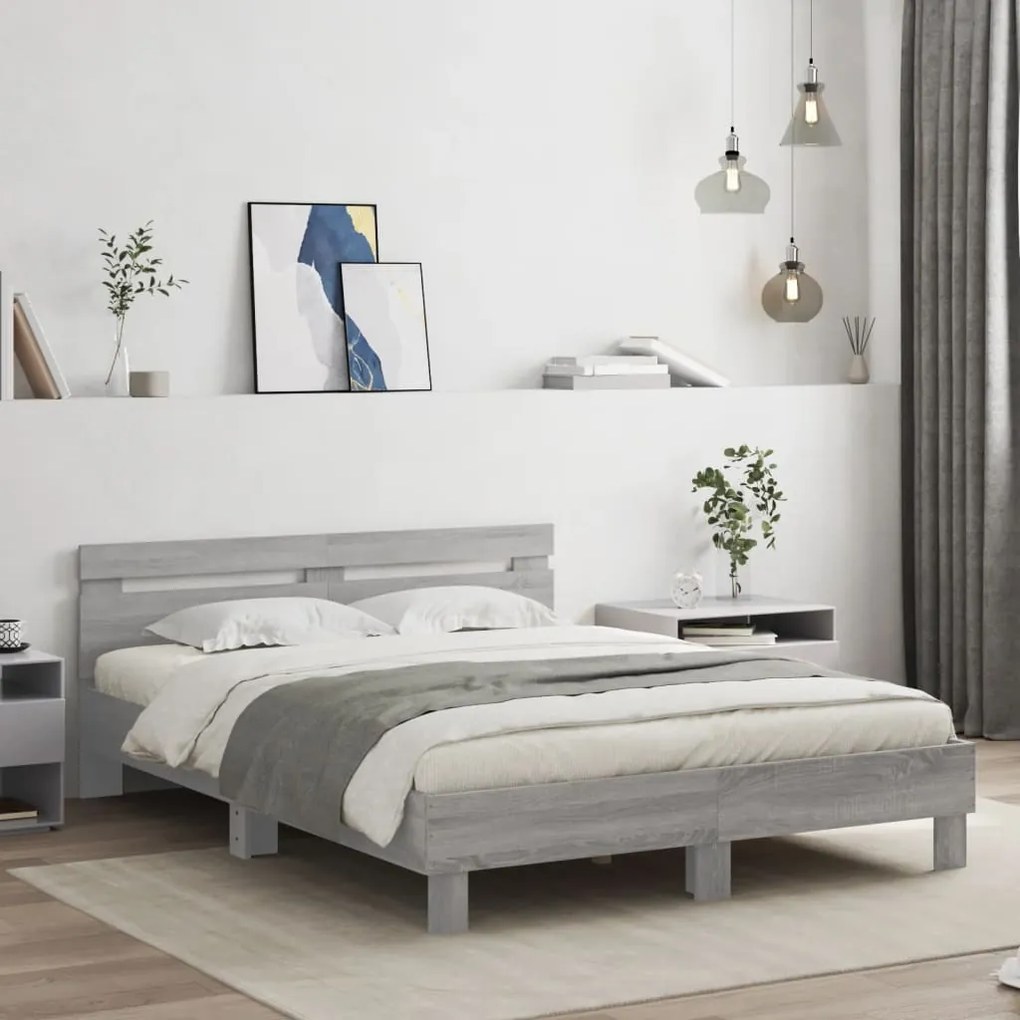 vidaXL Cadru de pat cu tăblie și LED, gri sonoma, 140x190 cm