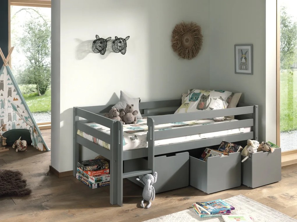 Dormitor Pino GRI 90x200 cm – Confort și ordine cu scară, 3 sertare & raft suspendat | Gama PINO