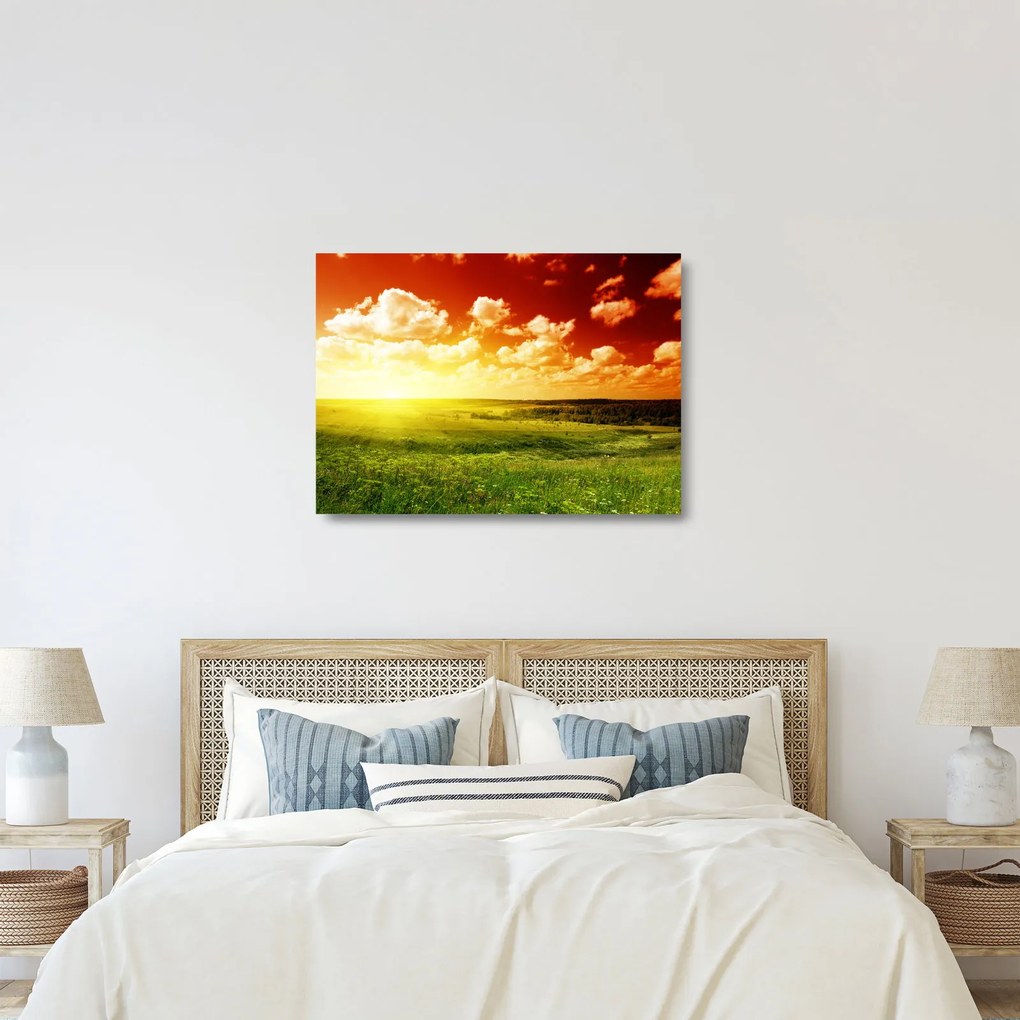 Tablou pe sticlă cu luncă cu soarele strălucitor (70x50 cm)