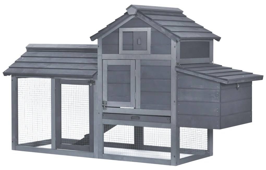 PawHut Coteț prefabricat din lemn pentru 2 găini cu gard pentru grădină 150.5 x 54 x 87cm, gri închis | Aosom Romania
