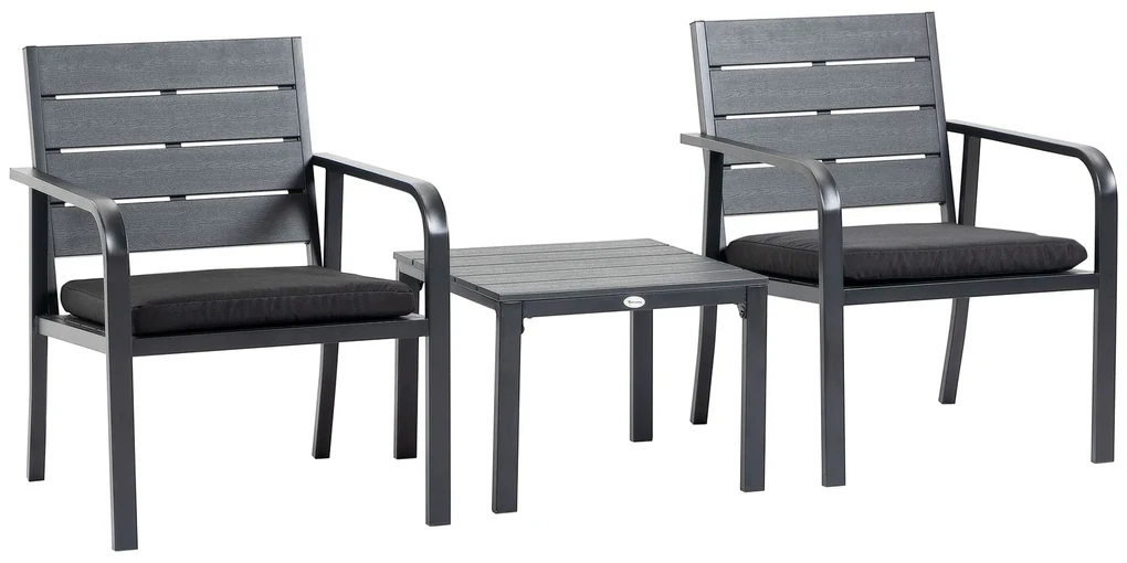 Outsunny Set Mobilier pentru Curte 3 Piese, Oțel și Plastic, Gri, cu Măsuță și 2 Scaune cu Perne | Aosom Romania