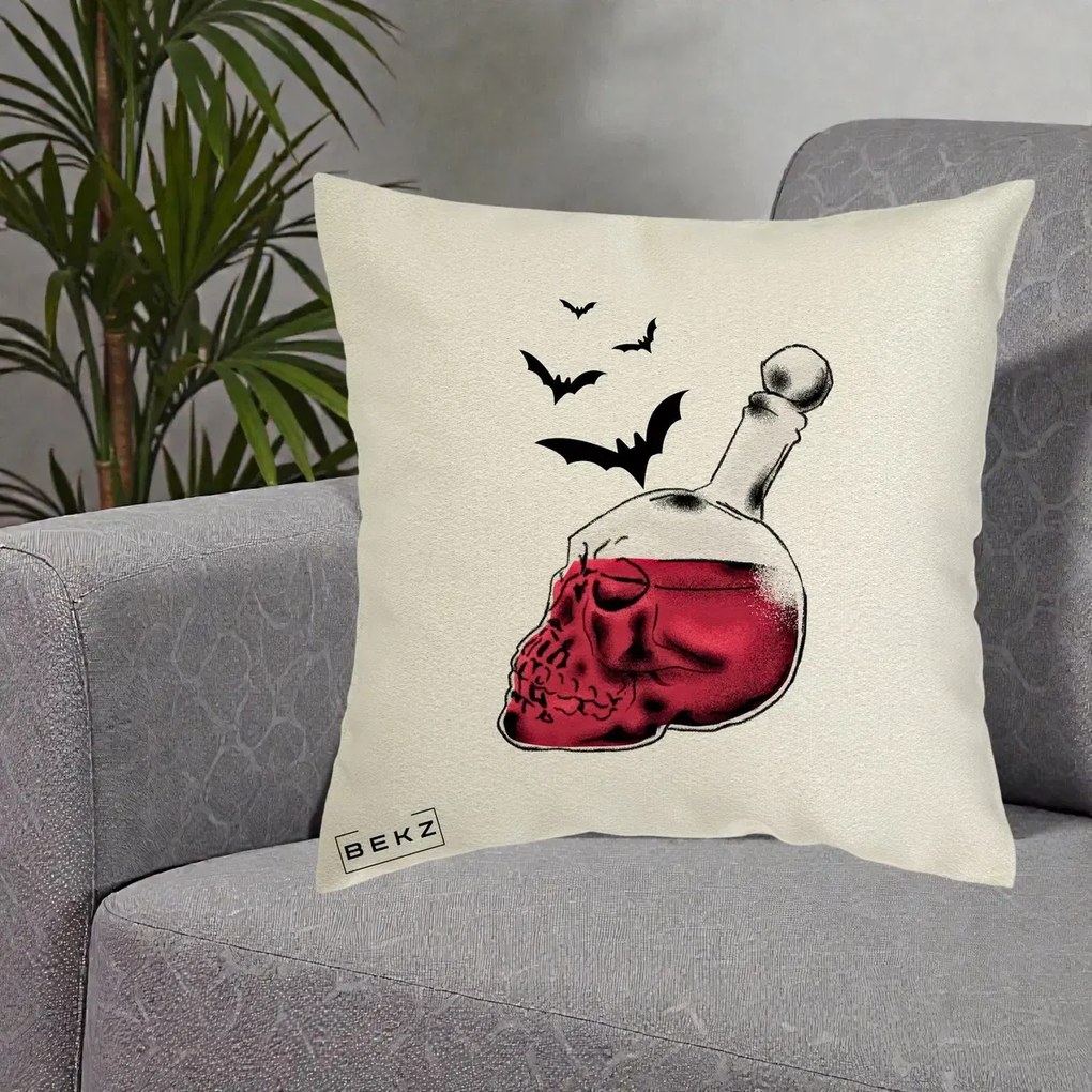 Perna Decorativa Halloween Craniu-Sticla cu Lilieci, 40x40 cm, Ecru, Husa Detasabila, Perna Inclusa, BEKZ®