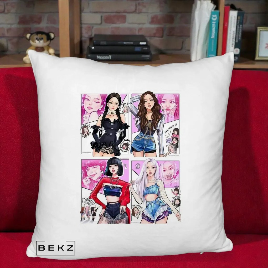 Perna Personalizata K-pop BLACKPINK Fanart Manga Benzi Desenate 4 Membre, 40x40 cm, Alb Pufos, Husa Detasabila, Perna Inclusa, BEKZ®