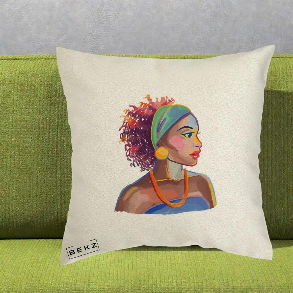 Perna Decorativa Portret Femeie Urbana Acuarela, 40x40 cm, Ecru, Husa Detasabila, Perna Inclusa, BEKZ®