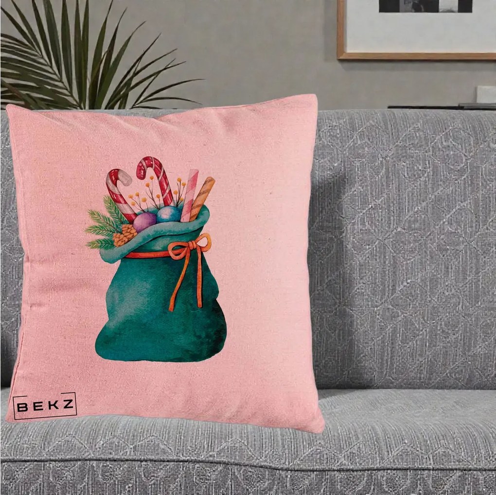 Perna Decorativa Saculet Cadouri Mos Craciun Acuarela Verde, 40x40 cm, Roz, Husa Detasabila, Perna Inclusa, BEKZ®