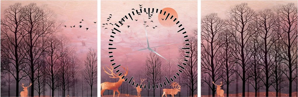 Tablou - Căprioare în strălucirea apusului de soare (cu ceas) (90x30 cm)