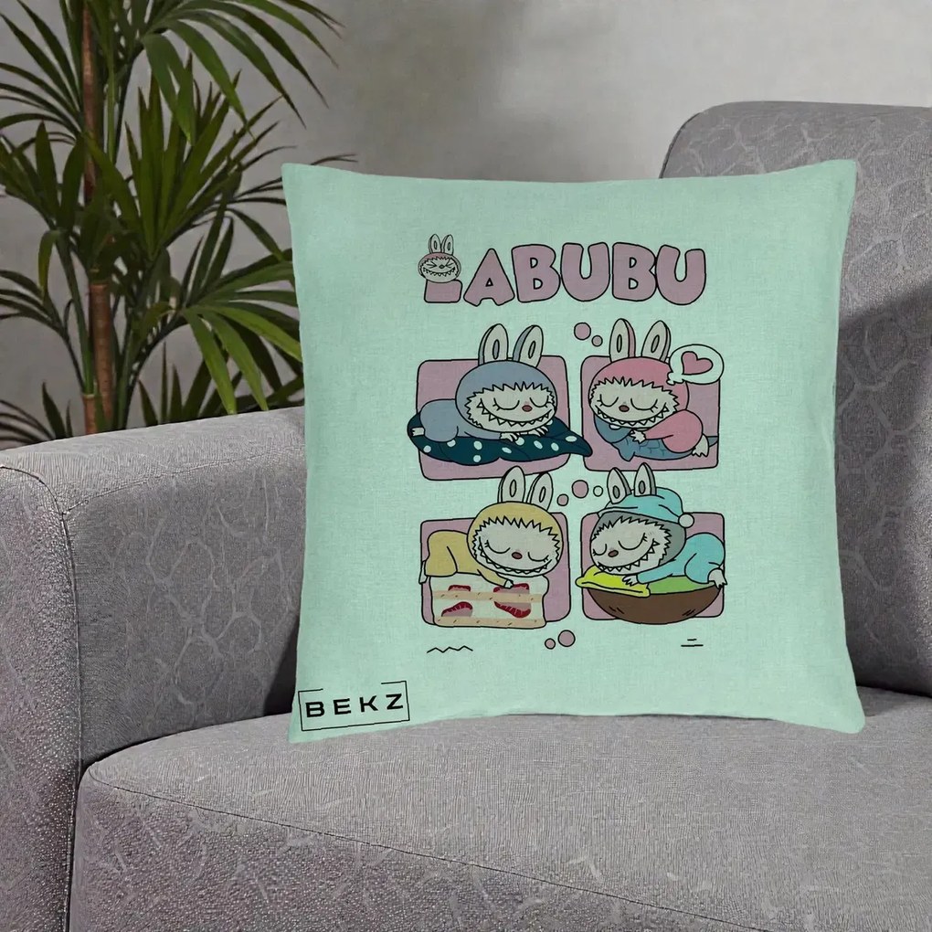 Perna Personalizata Labubu Sleeping Quad Grid, 40x40 cm, Verde Menta, Husa Detasabila, Perna Inclusa, BEKZ®