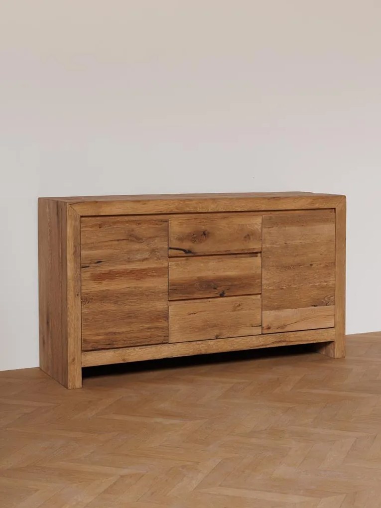 Comodă cu uși și sertare, rustică, din lemn de stejar, natur, cu 3 sertare, 2 uși și 2 rafturi, 90 x 160 x 48 cm, „Newhill”