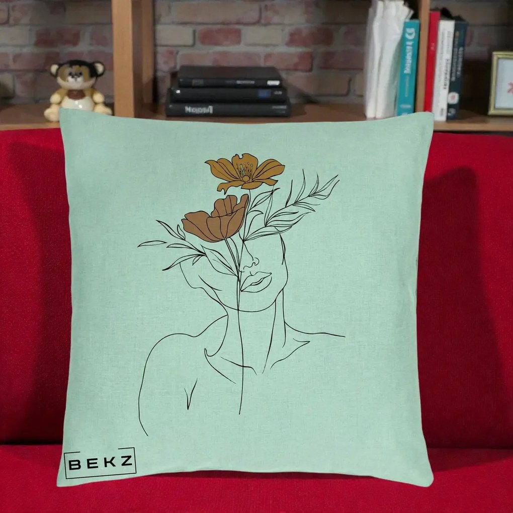 Perna Decorativa Portret Feminin Doua Flori, 40x40 cm, Verde Menta, Husa Detasabila, Perna Inclusa, BEKZ®